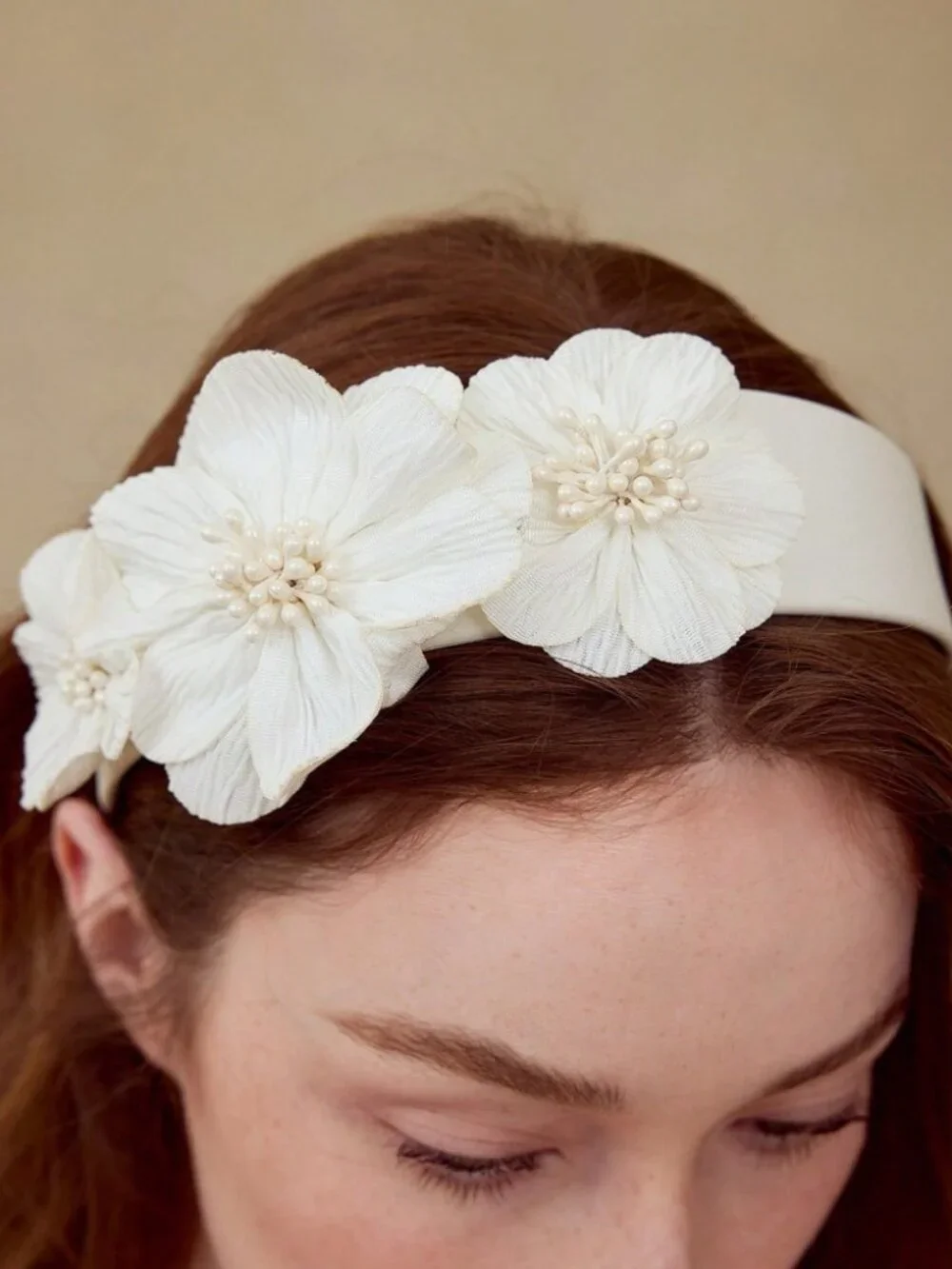 Ivory Floral Headband with Pearl Center Detail